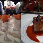 Left: After setting up a gazillion cornets filled with Atlantic salmon with red onion crÃ¨me fraiche, team per se rolls up its sleeves and takes a collective step back. Right: Tocquevilleâs terrine of suckling pig with farofa.